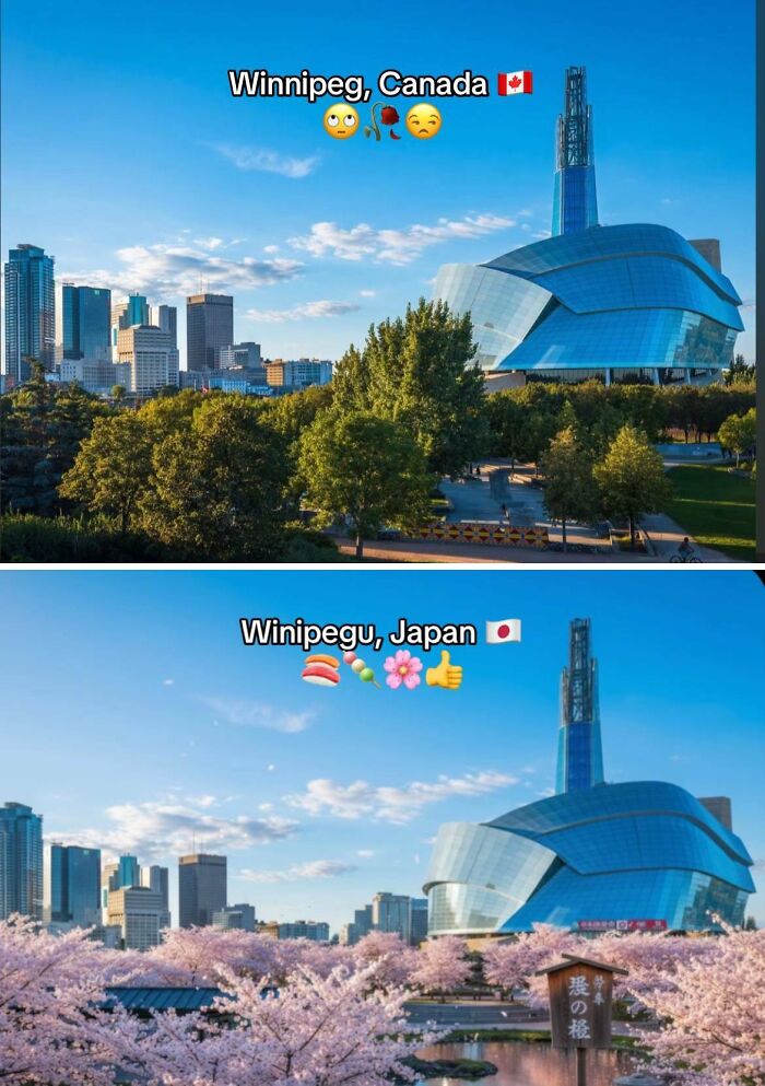 Winnipeg cityscape with modern building, cherry blossoms added for Japan aesthetic transformation.