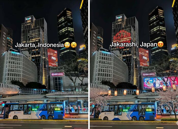 Cityscape comparison showing Jakarta, Indonesia versus an enhanced version labeled Japan with added aesthetic elements.