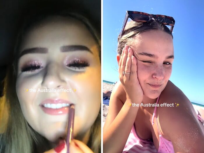 Close-up before and after photos showing the Australia effect on a woman’s appearance with makeup and natural sunlight.