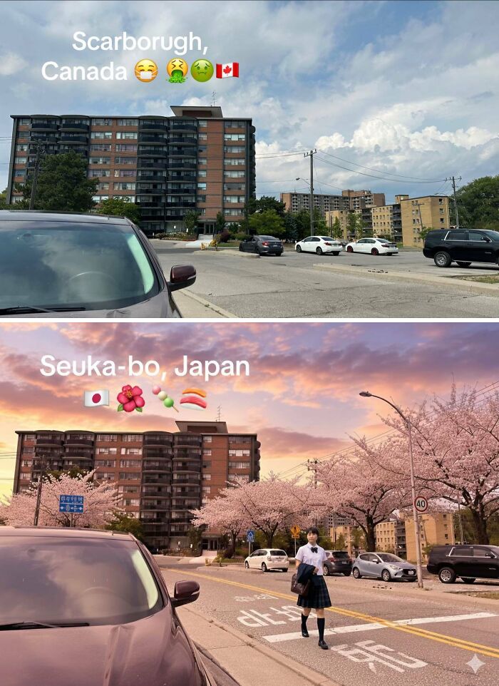 Comparison of a city street before and after adding Japan with cherry blossoms and a student walking, enhancing aesthetic appeal.