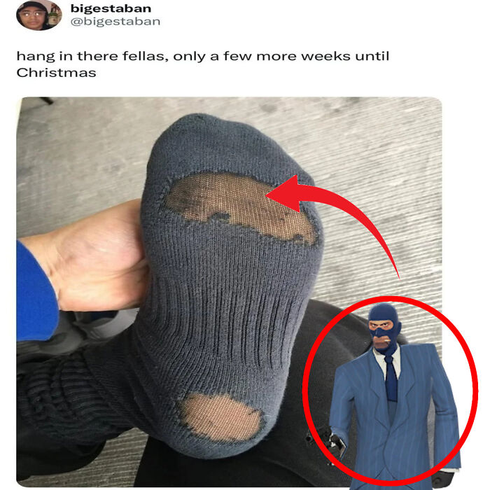 Sock hole resembling a masked character in a suit, an example of things that look like or remind people of other things.
