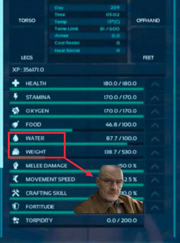 Video game stats screen highlighting water and weight with an arrow pointing to a man’s face resembling the stats, illustrating things that look like others.