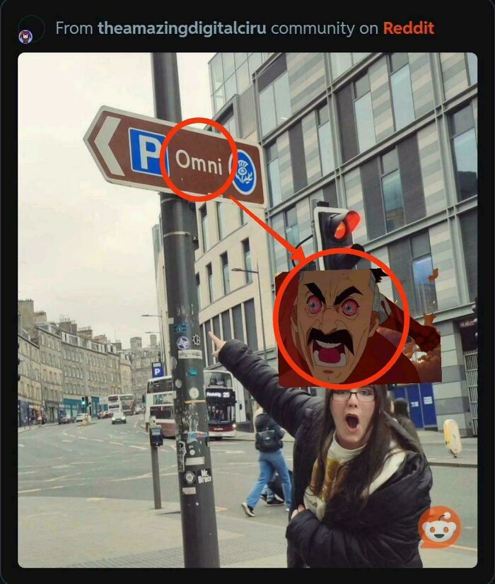 Street sign reading Omni resembles a shocked animated character’s face, showcasing things that look like or remind people of other things.