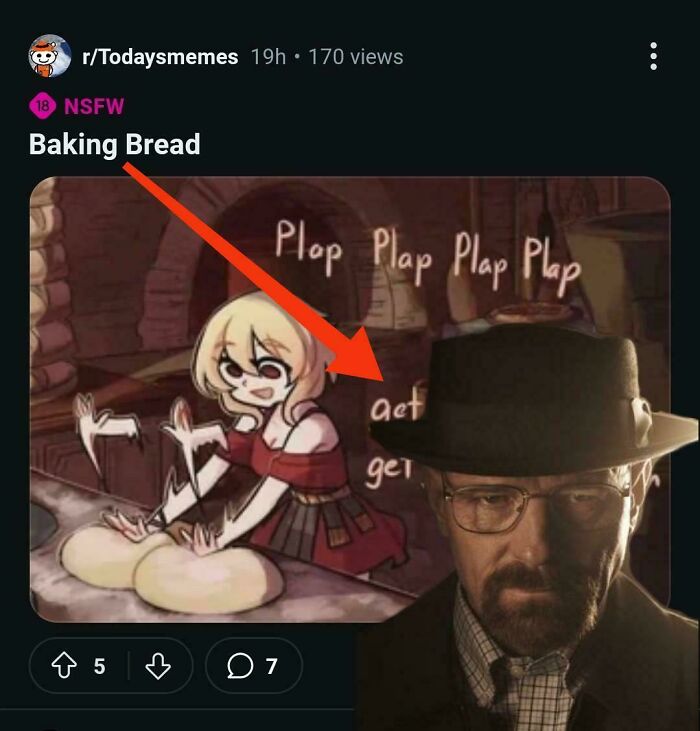 Meme showing a girl baking dough alongside a serious man in a hat, illustrating things that look like other things.