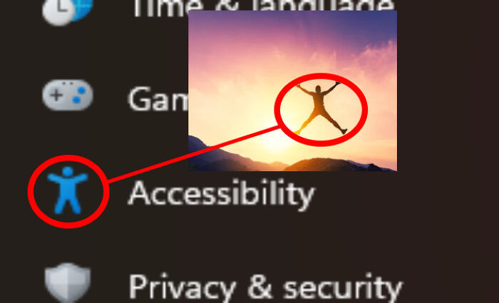 Blue accessibility icon highlighted and linked to a person jumping in a sunset, illustrating things that look like other things.