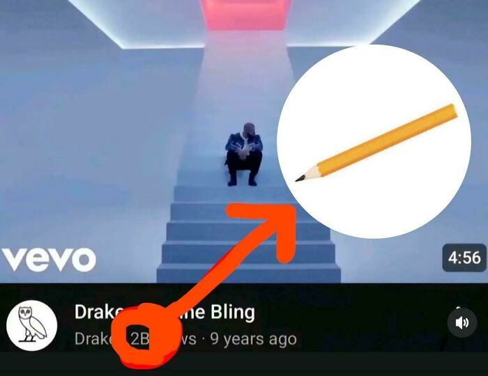 Screenshot of a music video with an arrow pointing to a pencil, illustrating things that look like or remind people of other things.