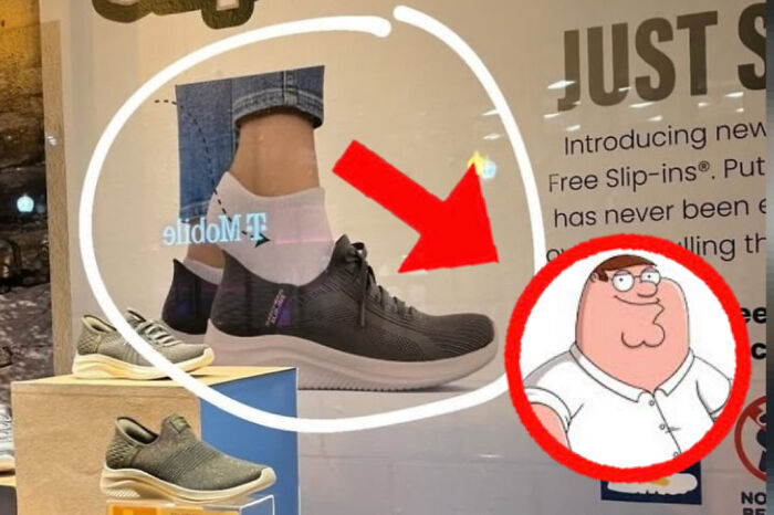 Black sneaker in a store window resembling the cartoon character Peter Griffin from Family Guy.