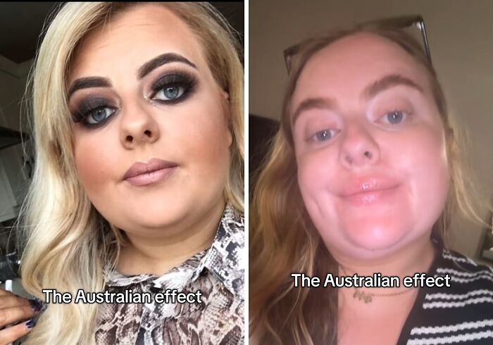 Before and after photos showing how the Australian effect changes people’s appearance and style dramatically.