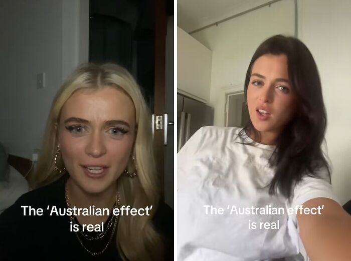 Two women in separate indoor settings share their experiences showing the Australian effect in before and after pics.