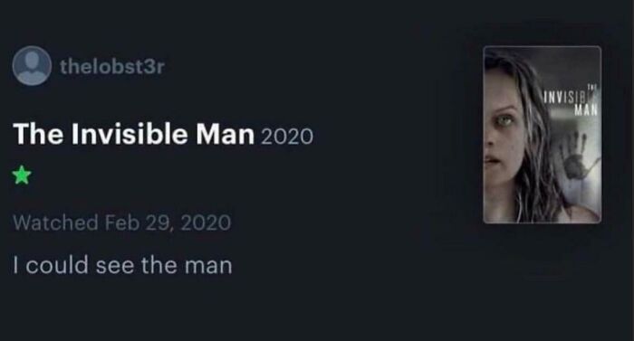 Funny unhinged review of The Invisible Man movie showing a witty comment that works better than advertisements.