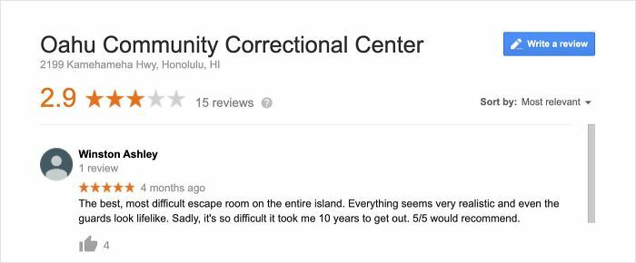 Oahu Community Correctional Center review with 2.9 stars and a humorous escape room comment from a user.