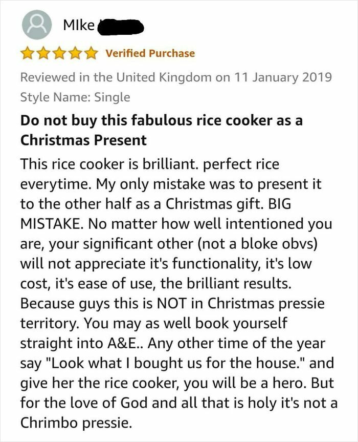 Hilariously unhinged customer review for a rice cooker highlighting its functionality and unexpected gift reaction.