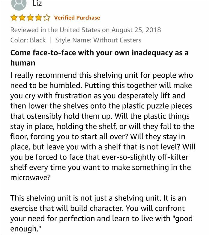 Customer review of shelving unit humorously describing frustration and character-building in hilariously unhinged reviews that work better than advertisements.