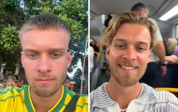 Before and after photos showing the Australia effect on people, highlighting changes in appearance and style outdoors and indoors.