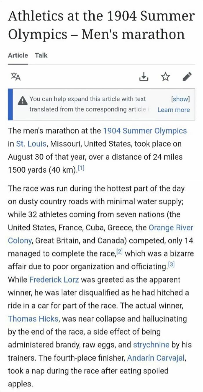 Wikipedia page about the 1904 Olympics men's marathon and bizarre race events that c*****d people up online
