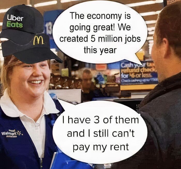 Woman wearing multiple fast food hats talking to a man with speech bubbles in a funny meme about jobs and rent.