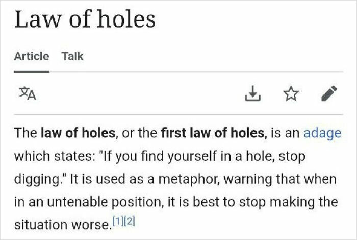 Screenshot of a Wikipedia page explaining the law of holes as a humorous metaphor warning not to make situations worse.