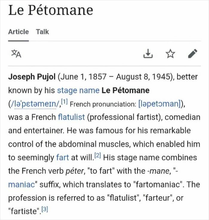 Wikipedia page about Le Pétomane, a French flatulist and entertainer, featured in funny Wikipedia pages shared online.