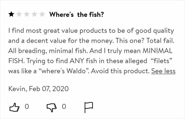 One-star unhinged review criticizing product for having minimal fish, highlighting hilarious review style that works better than ads.
