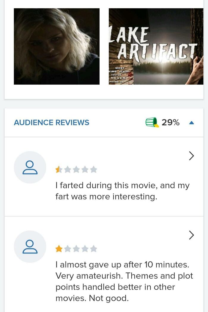Audience reviews showing hilariously unhinged critiques with low ratings and humorous comments on a movie's quality.