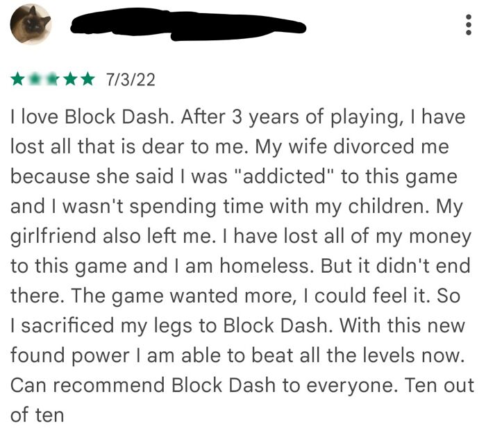 Hilariously unhinged review of Block Dash describing a*******n, loss, and sacrifices made for the game’s challenge and success.