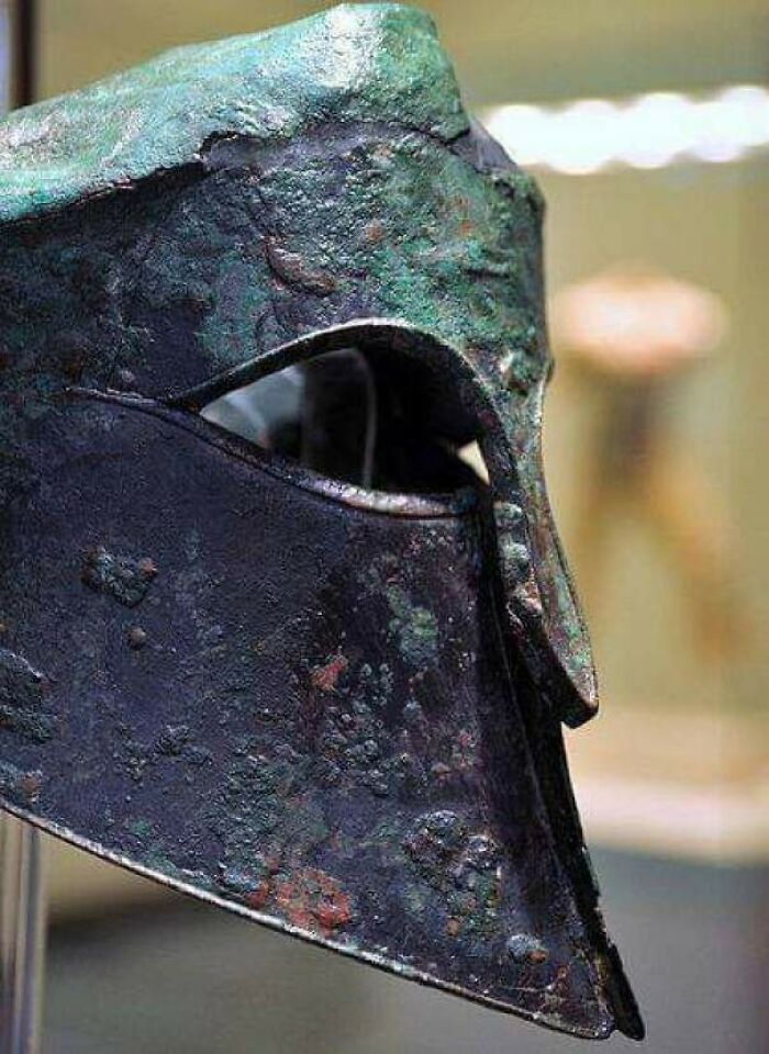 Ancient bronze helmet with patina and corrosion, one of the fascinating archeology finds from around the world.