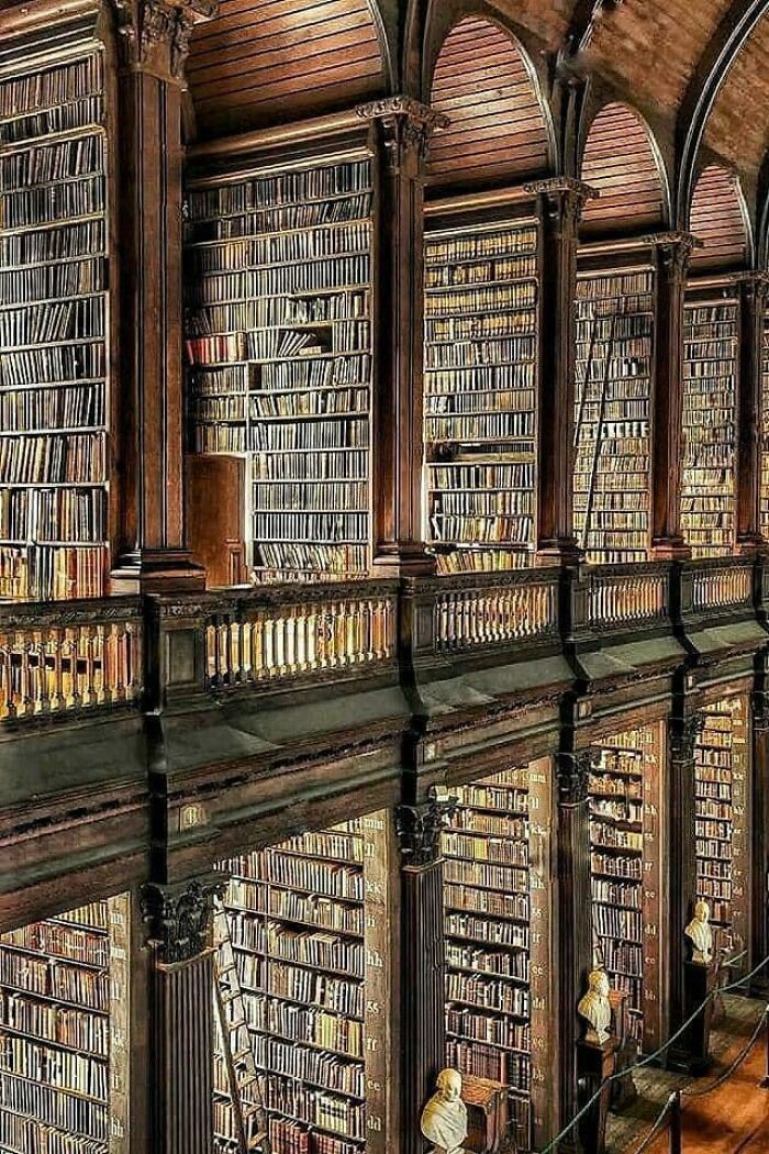 Historic library interior with towering wooden shelves filled with ancient books, perfect for archeology finds enthusiasts.