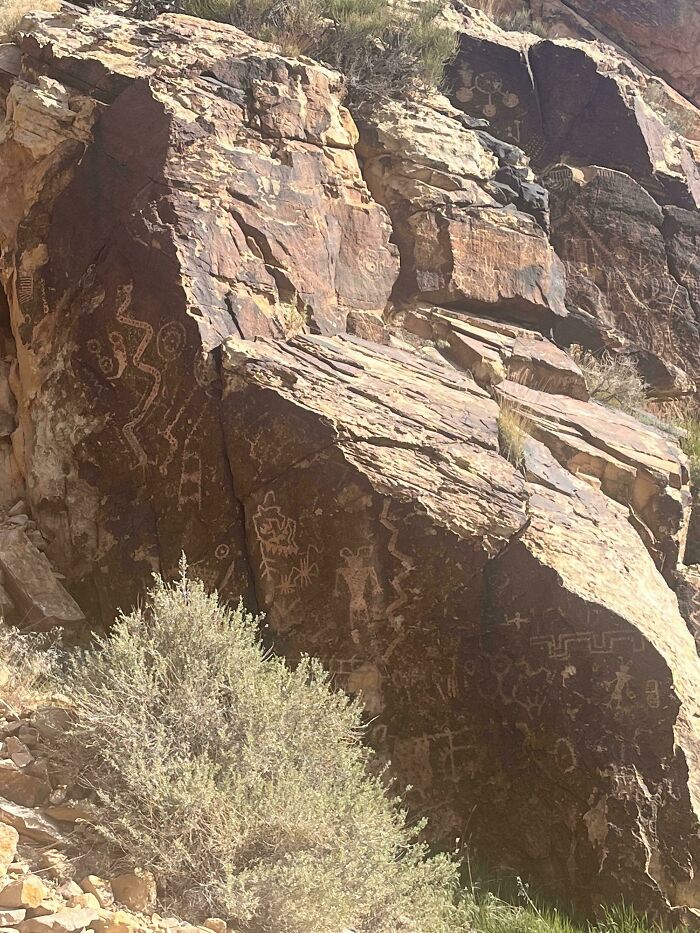 Ancient petroglyphs carved into large desert rocks showing human and animal figures in an archeology find.