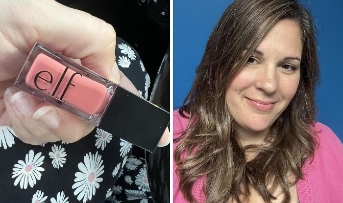 Hand holding e.l.f. lip gloss with floral skirt, next to a smiling woman with styled hair showcasing beauty products.