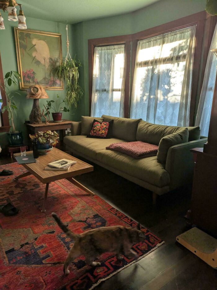 Cozy living room in a beautiful old house featuring vintage decor, handmade rug, and natural light through sheer curtains.