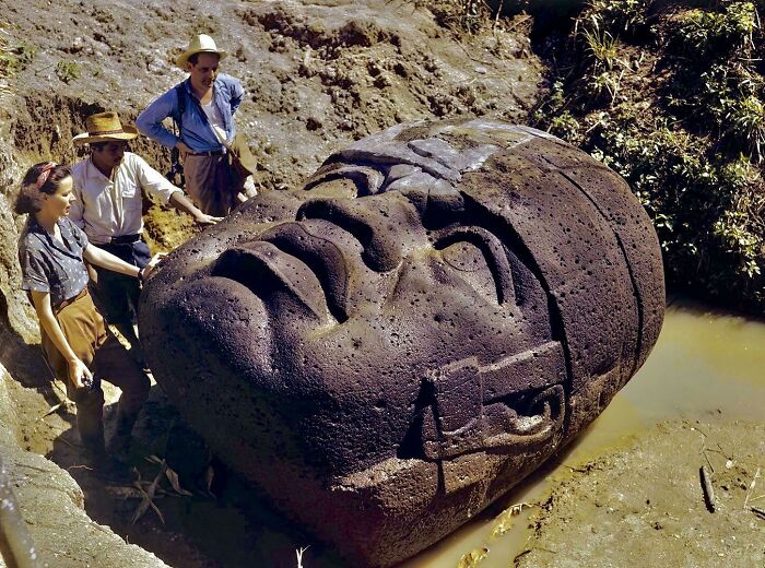 Archeologists excavating a massive ancient stone head sculpture partially submerged in muddy water at an archeology dig site.