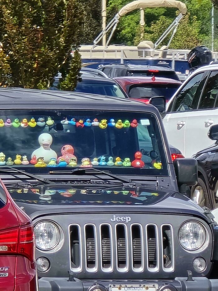 Jeep decorated with numerous rubber ducks on the dashboard and windshield, showcasing car customization gone wrong.