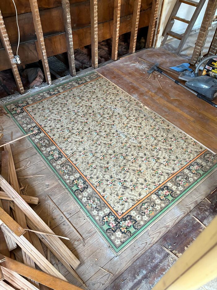 Intricate vintage floor tile detail in beautiful old house under renovation showing craftsmanship and design.