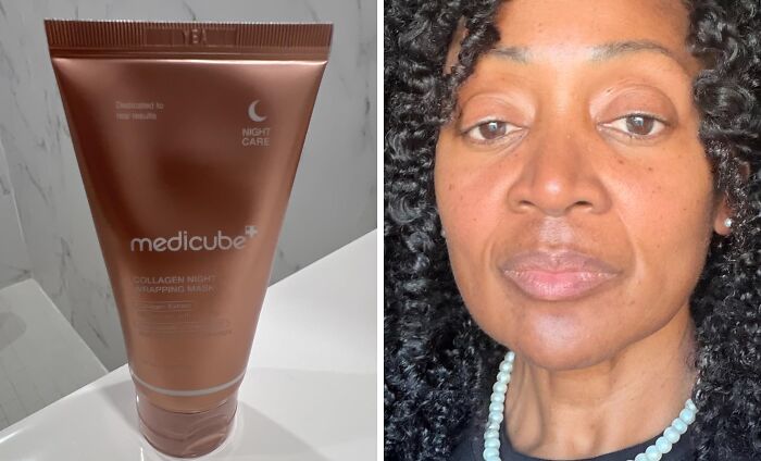 Medicube collagen night care product and a woman with clear skin showcasing beauty restocking essentials.