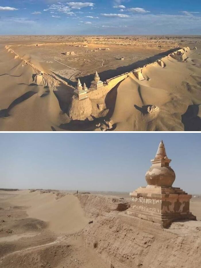 Ancient archeology site with desert ruins and stone structures partially buried in sand from around the world.