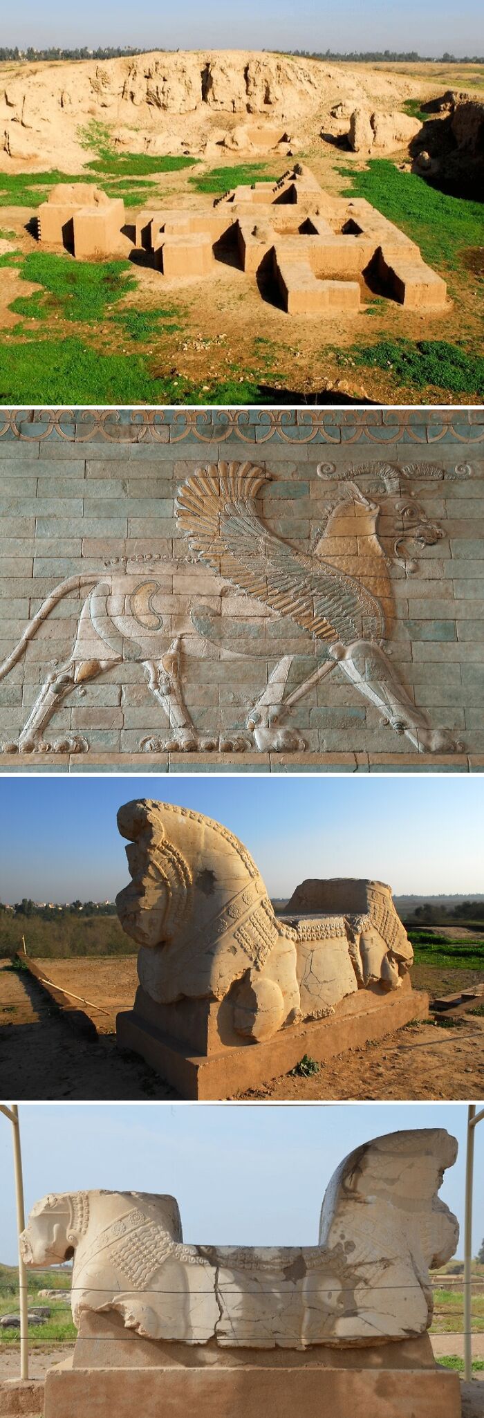 Ancient archeology finds including ruins, carved reliefs, and winged lion statues from historical sites around the world.
