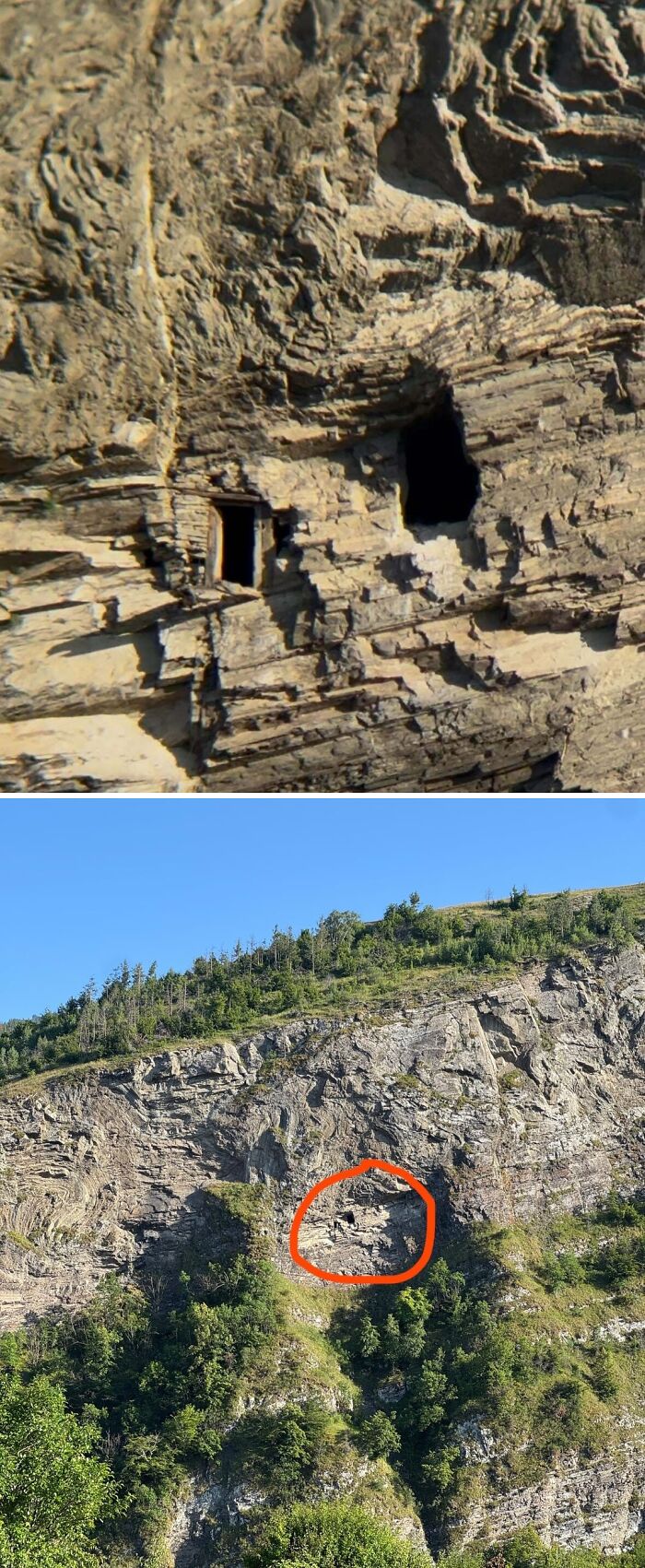Ancient rock cave ruins on a mountainside surrounded by greenery, an intriguing archeology find from around the world.