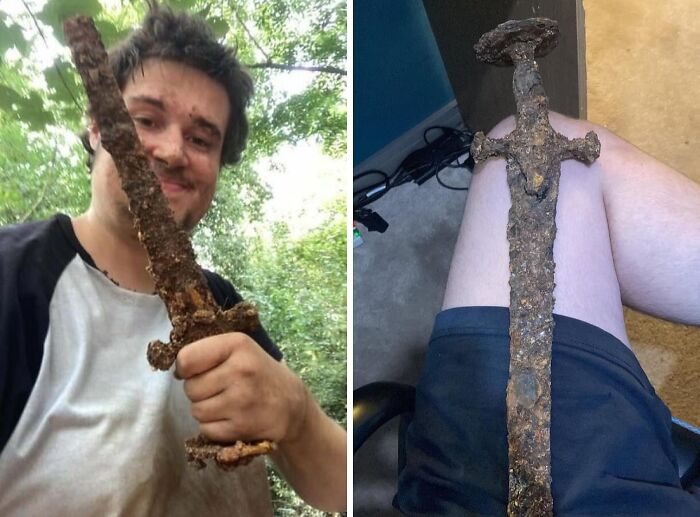 Man holding a heavily rusted ancient sword, one of the fascinating archeology finds from around the world.