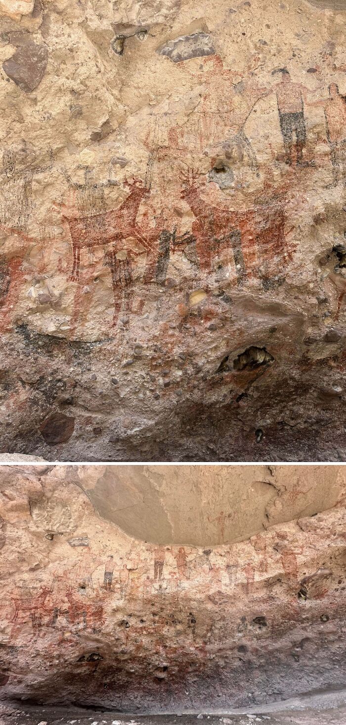 Ancient cave paintings depicting humans and animals as fascinating archeology finds from around the world on stone walls.