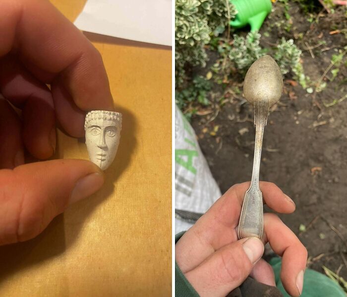 Hand holding a small carved face artifact and a vintage spoon, showcasing fascinating archeology finds from around the world.