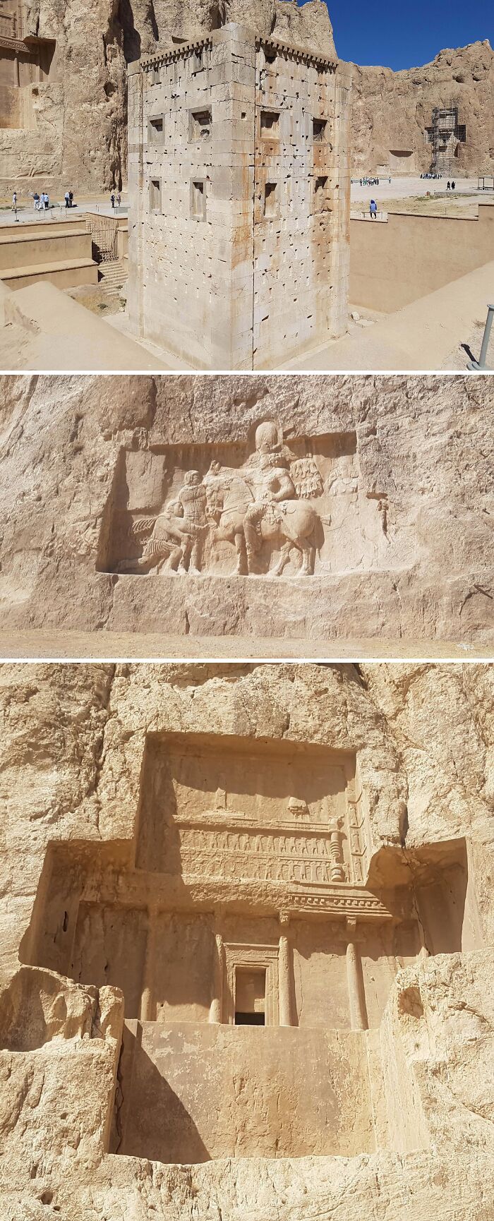 Ancient archeology finds showing stone carvings, sculptures, and structures carved into rocky cliffs under clear blue sky.