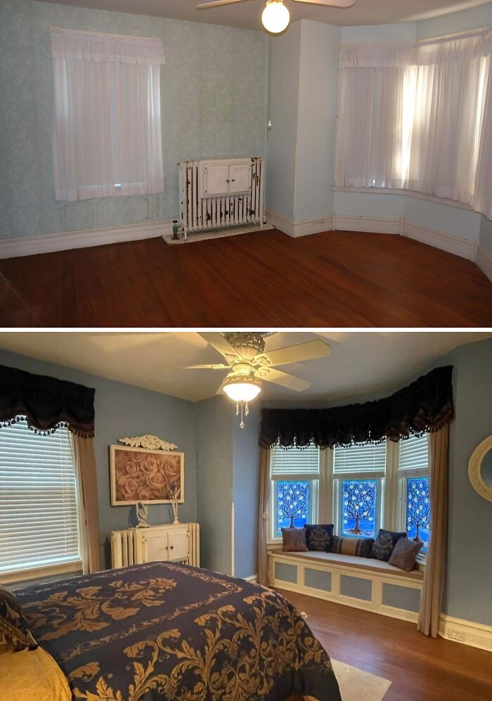 Vintage bedroom with bay window seating and ornate decor showcasing craftsmanship in beautiful old houses.