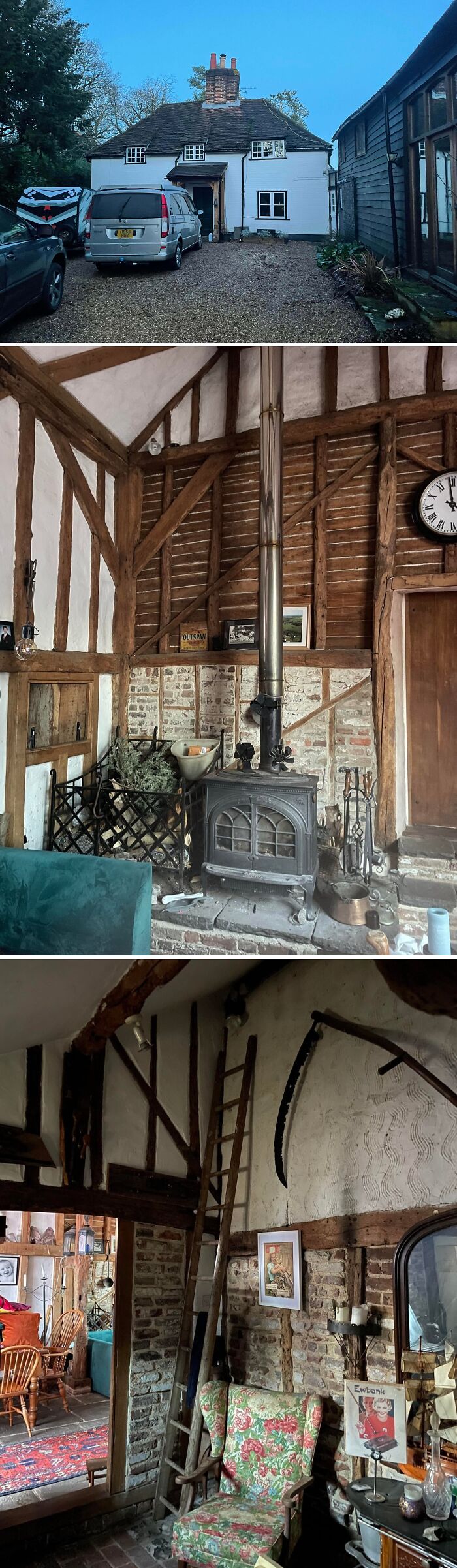 Exterior and interior views of beautiful old houses showcasing craftsmanship with timber beams and vintage decor.