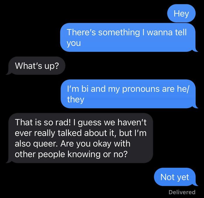 Text message conversation showing a sibling sharing pronouns and s****l orientation with a supportive response.