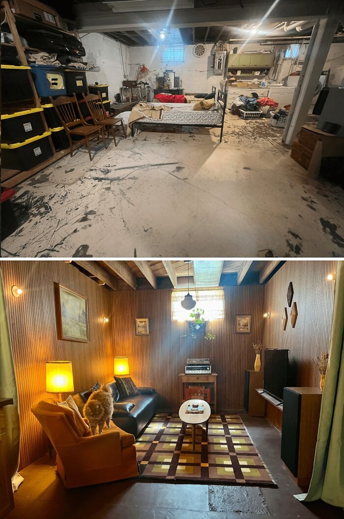 Basement of old houses showing craftsmanship with vintage furniture, wood paneling, and lived-in charm in cozy room and storage area.