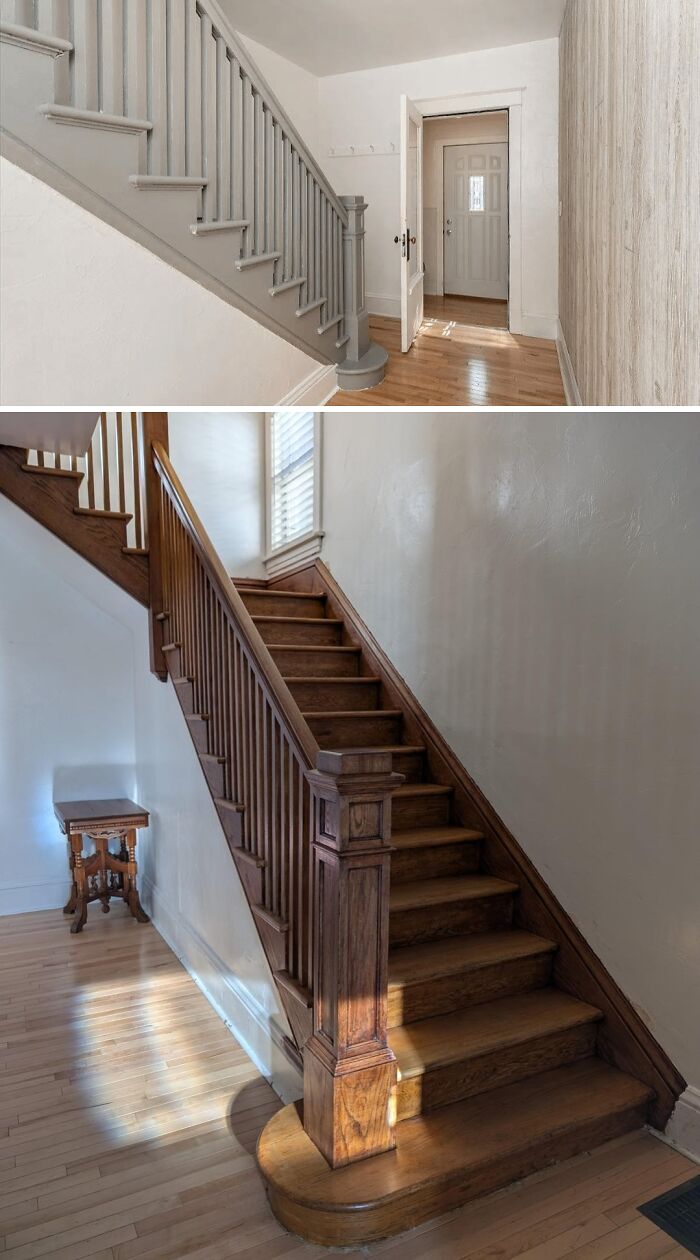 Two views of beautiful old houses showcasing craftsmanship with wooden staircases and detailed handrails in natural light.