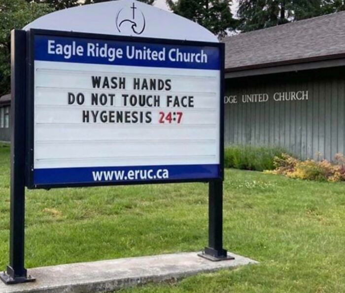 Church sign at Eagle Ridge United Church with a humorous hygiene message referencing hygiene and 24/7 care.