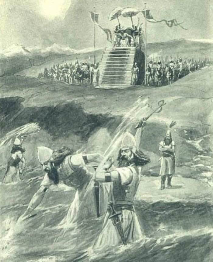 Ancient warriors accidentally defeating themselves by throwing water during a historic battle scene with a crowd in the background.