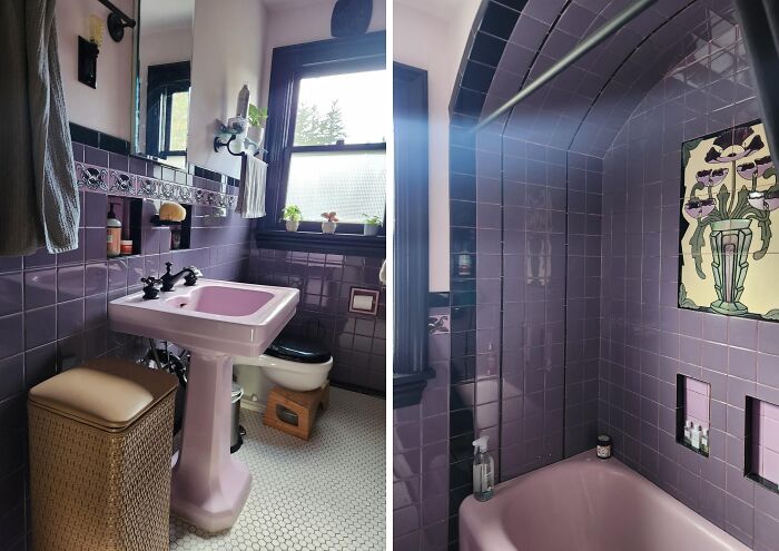 Vintage bathroom with purple tile and pastel pink fixtures in a beautiful old house showcasing timeless craftsmanship.