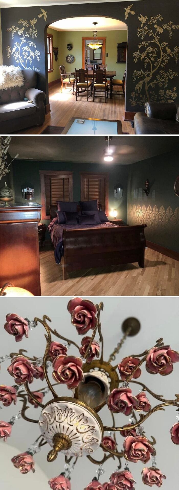 Beautiful old houses featuring detailed wood craftsmanship, vintage furnishings, elegant murals, and ornate floral chandeliers.